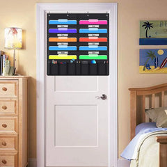 Colorful hanging organizer on a white door in a bedroom setting.