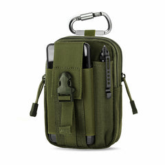 Green tactical pouch with multiple compartments and a carabiner on a white background