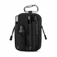 Black tactical pouch with tools and carabiner on a white background
