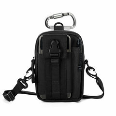 Black tactical pouch with multiple straps and attachments on a white background