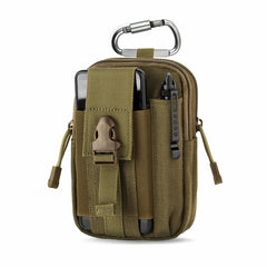 Olive green tactical pouch with multiple compartments and a carabiner on a white background