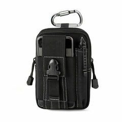 Black tactical pouch with multiple compartments and a carabiner on a white background