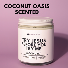 Jar of coconut oasis scented candle with humorous label on a pink background