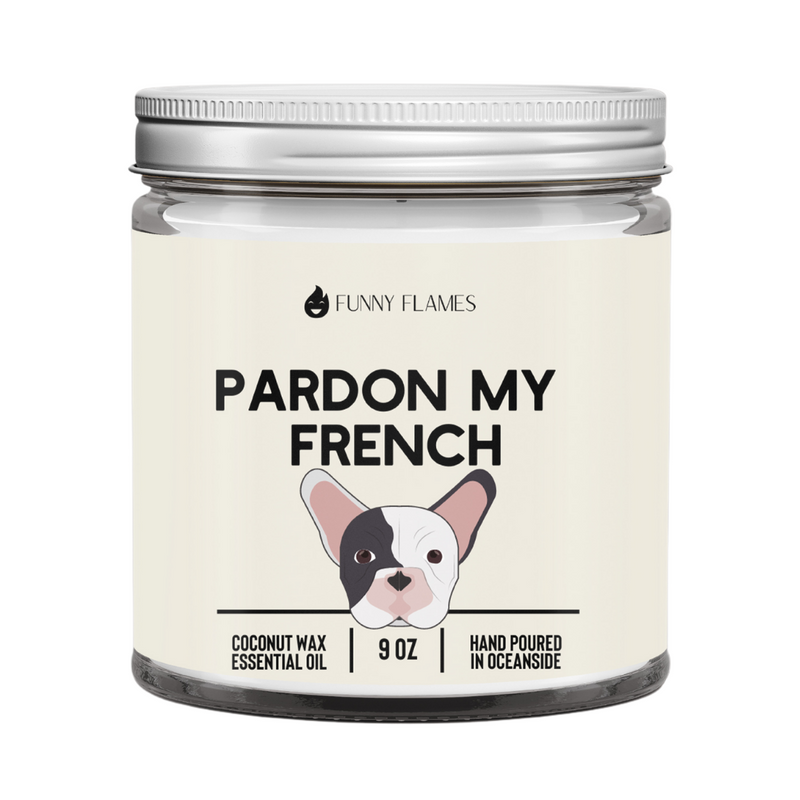 Candle jar labeled 'Pardon My French' with a dog illustration on a white background