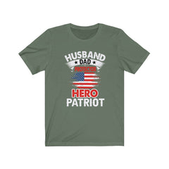 Green t-shirt with patriotic text and American flag design on a white background