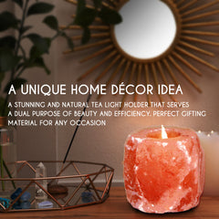 Himalayan salt lamp on a wooden surface with decorative elements and text about home decor.