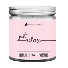 Candle jar with pink label and 'Just Relax' text on a white background