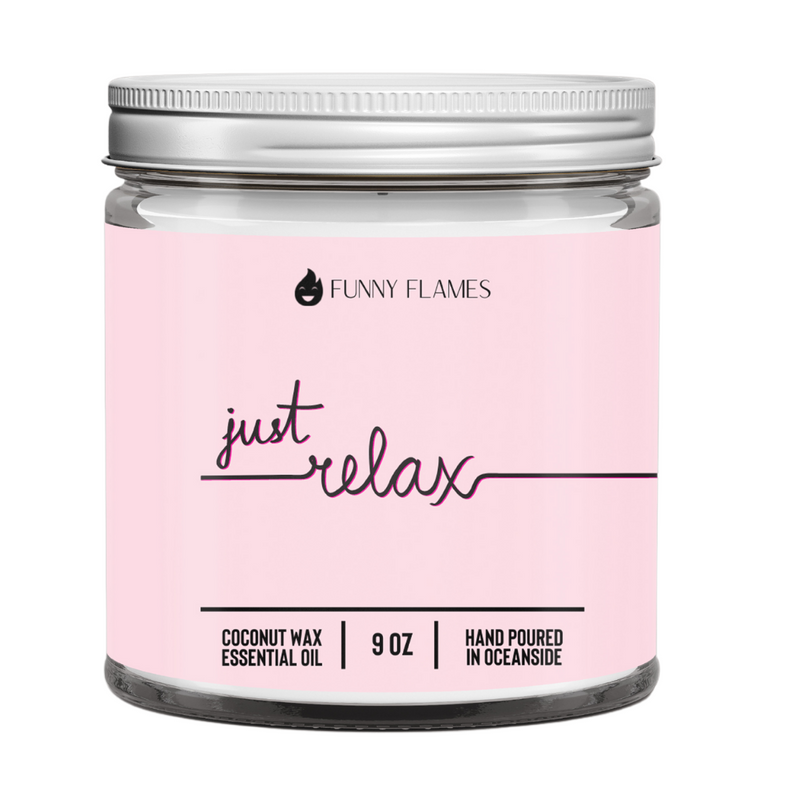 Candle jar with pink label and 'Just Relax' text on a white background