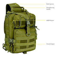 Green tactical backpack with labeled features on a white background