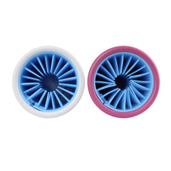 Two circular objects with blue central designs on a white background
