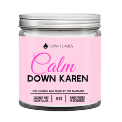 Candle jar with pink label featuring text and 'Funny Flames' branding on a white background