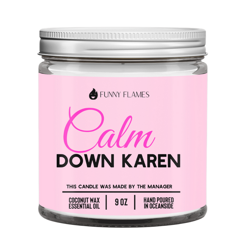 Candle jar with pink label featuring text and 'Funny Flames' branding on a white background