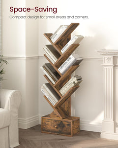 Wooden bookshelf with books in a room setting, labeled 'Space-Saving'.