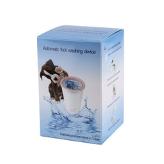 Box of an automatic foot washing device with a dog illustration on a white background