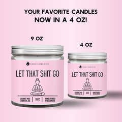 Two candles from Funny Candle Co. on a pink background with text about size comparison.