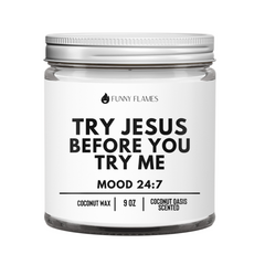 Jar of Funny Flames candle with humorous text on a white background