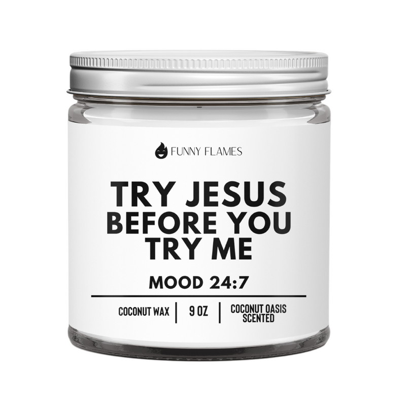 Jar of Funny Flames candle with humorous text on a white background