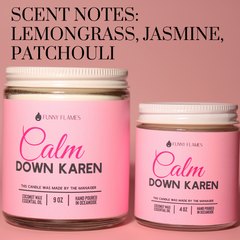 Two pink candles labeled 'Calm Down Karen' with scents listed on a pink background.