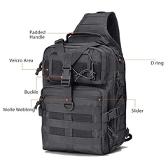 Black tactical backpack with labeled features on a white background