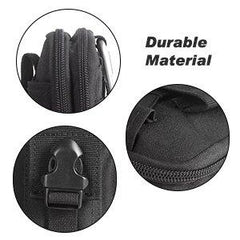 Black tactical pouch with durable material text and close-up details.