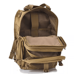 Tan backpack with multiple compartments and straps on a white background
