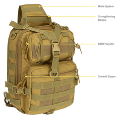 Tan backpack with labeled features on a white background