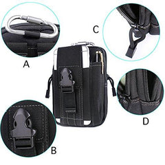 Black tactical pouch with various components highlighted on a white background