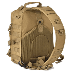 Tan tactical backpack on a white background