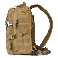 Tan tactical backpack with multiple straps and compartments on a white background