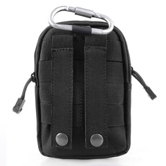 Black tactical pouch with a carabiner on a white background
