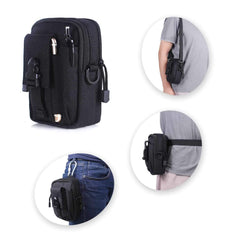 Black waist bag with multiple pockets and straps, shown from different angles on a white background.