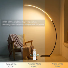 Modern floor lamp with adjustable color temperature options in a room setting.