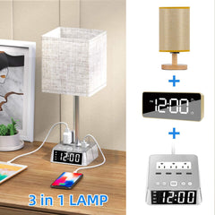 3-in-1 lamp with clock and USB ports on a wooden surface.