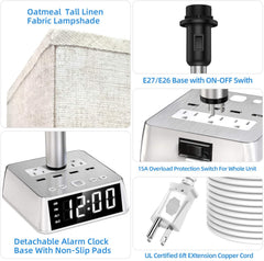 Collage of products including a lampshade, socket with switch, alarm clock base, and extension cord.
