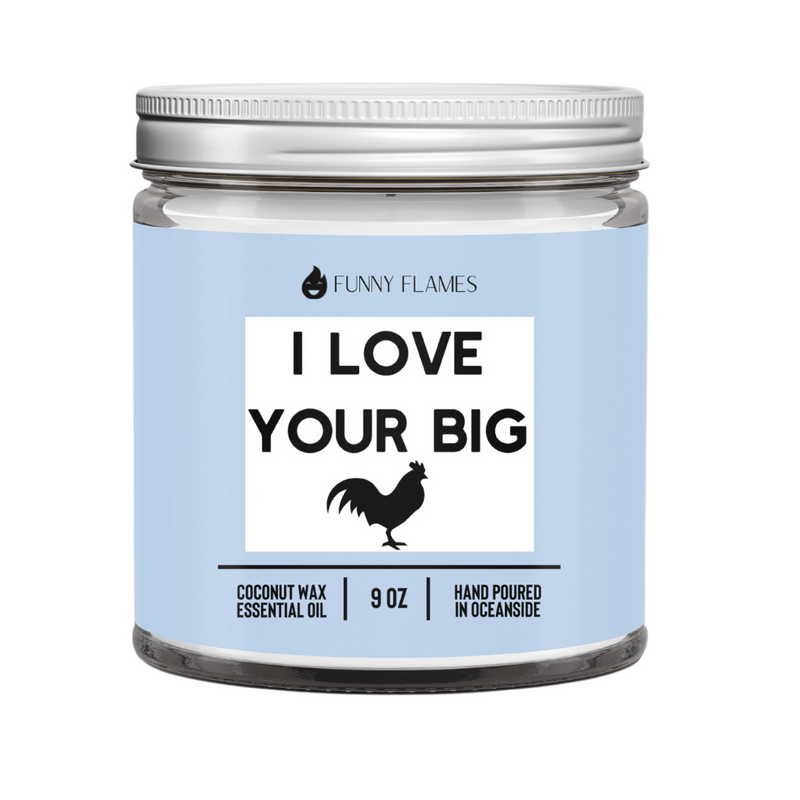 Candle jar with a light blue label featuring text and a rooster illustration, branded 'Funny Flames'.