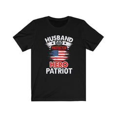 Black t-shirt with patriotic text design on a white background