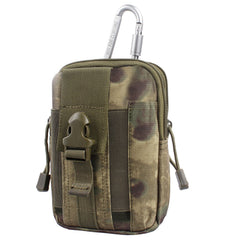 Camouflage tactical pouch with multiple pockets and a carabiner on a white background