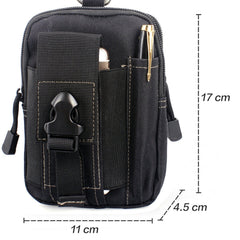 Black tactical pouch with measurements on a white background