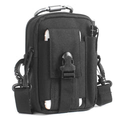 Black tactical pouch with multiple pockets and straps on a white background