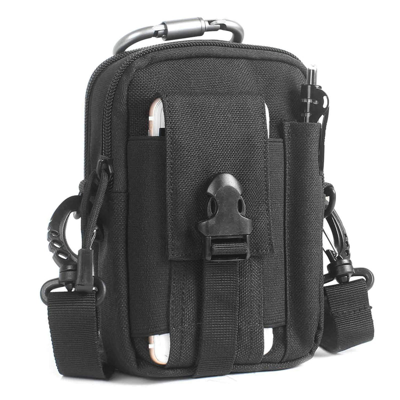 Black tactical pouch with multiple pockets and straps on a white background