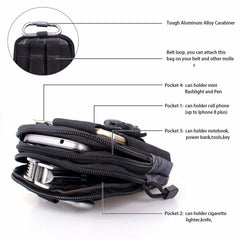Multifunctional black pouch with various compartments and features labeled on a white background