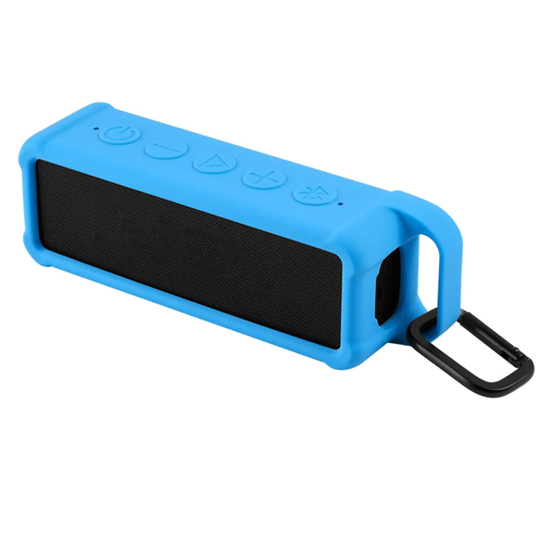 Blue portable speaker with a handle on a white background