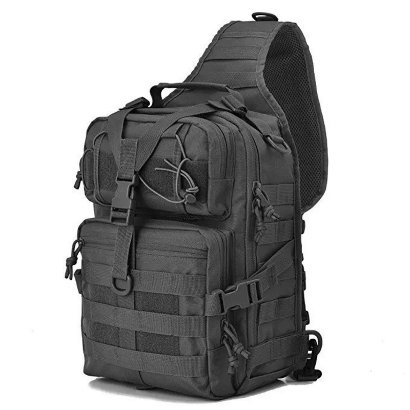 Black tactical backpack on a white background