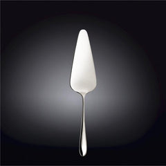 Silver cake server on a black background