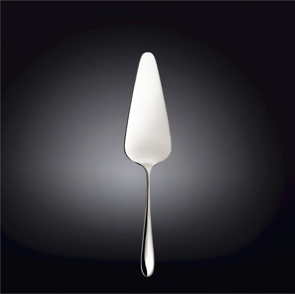 Silver cake server on a black background