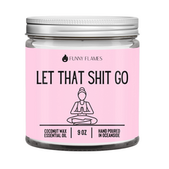Candle jar with pink label featuring text and a yoga pose illustration on a white background.