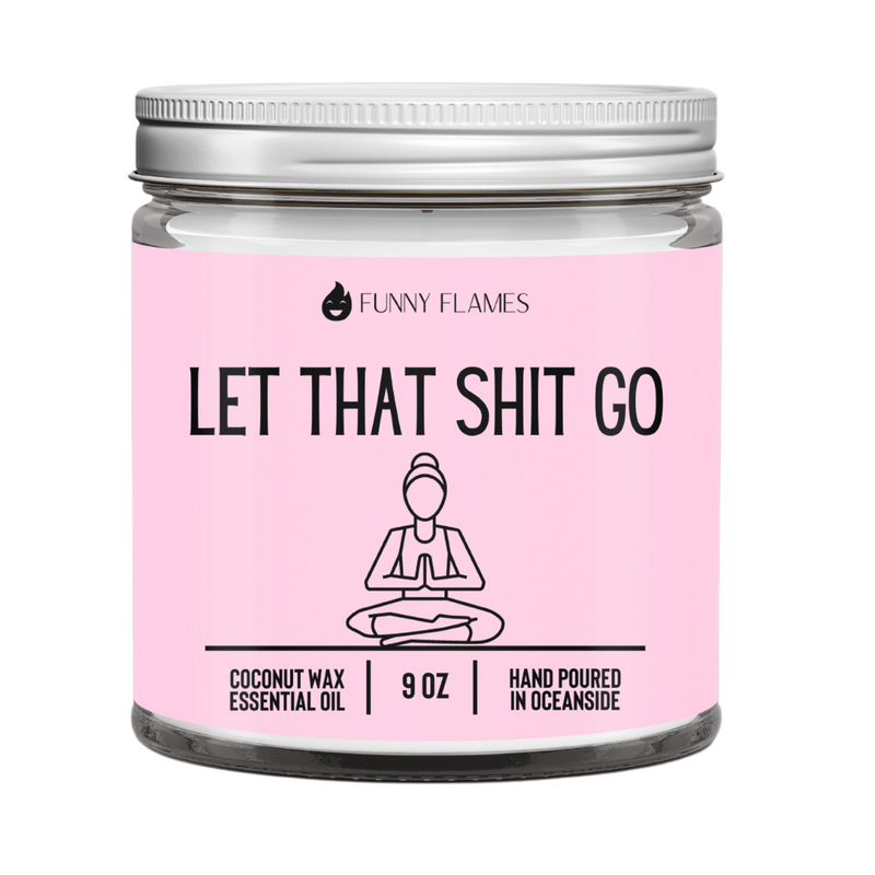 Candle jar with pink label featuring text and a yoga pose illustration on a white background.