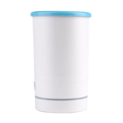 White cylindrical container with a blue lid on a white background