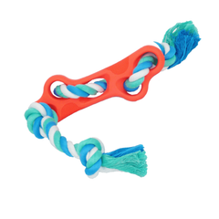 Dog toy with red handle and blue, green, and white rope on a white background
