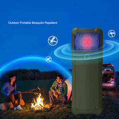 Portable mosquito repellent device with people camping at night.